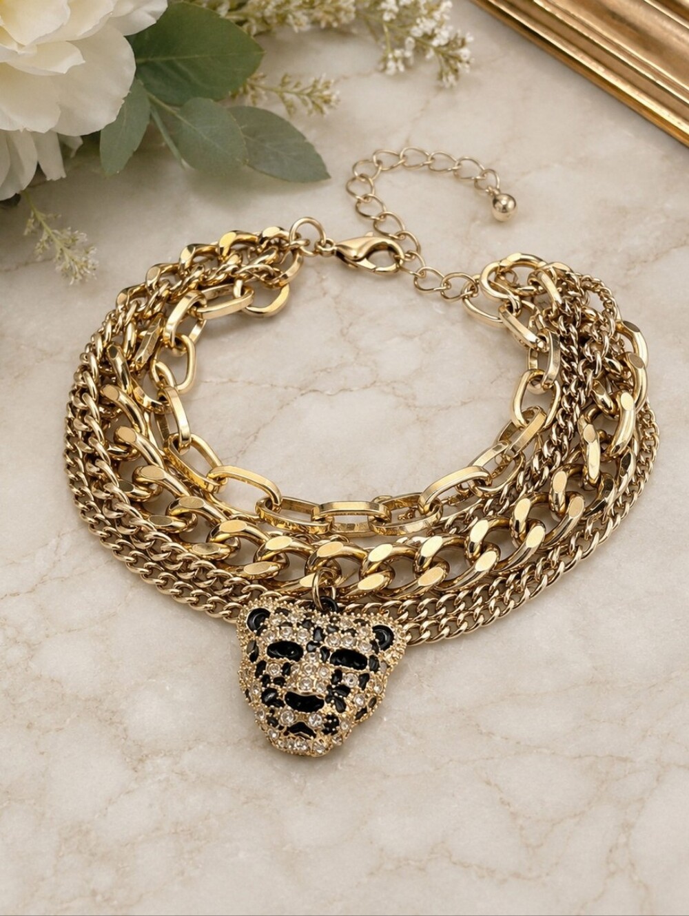 Vintage-Inspired Gold Tone Multi-Strand Leopard Pendant Bracelet